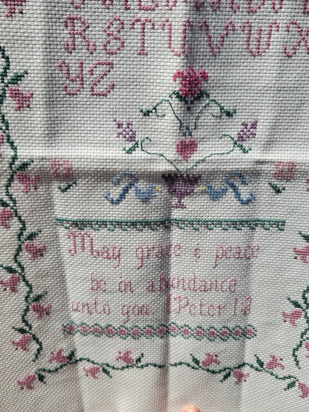 VTG Finished Cross Stitch Alphabet Floral Cottagecore Bible Verse Peter 1:2